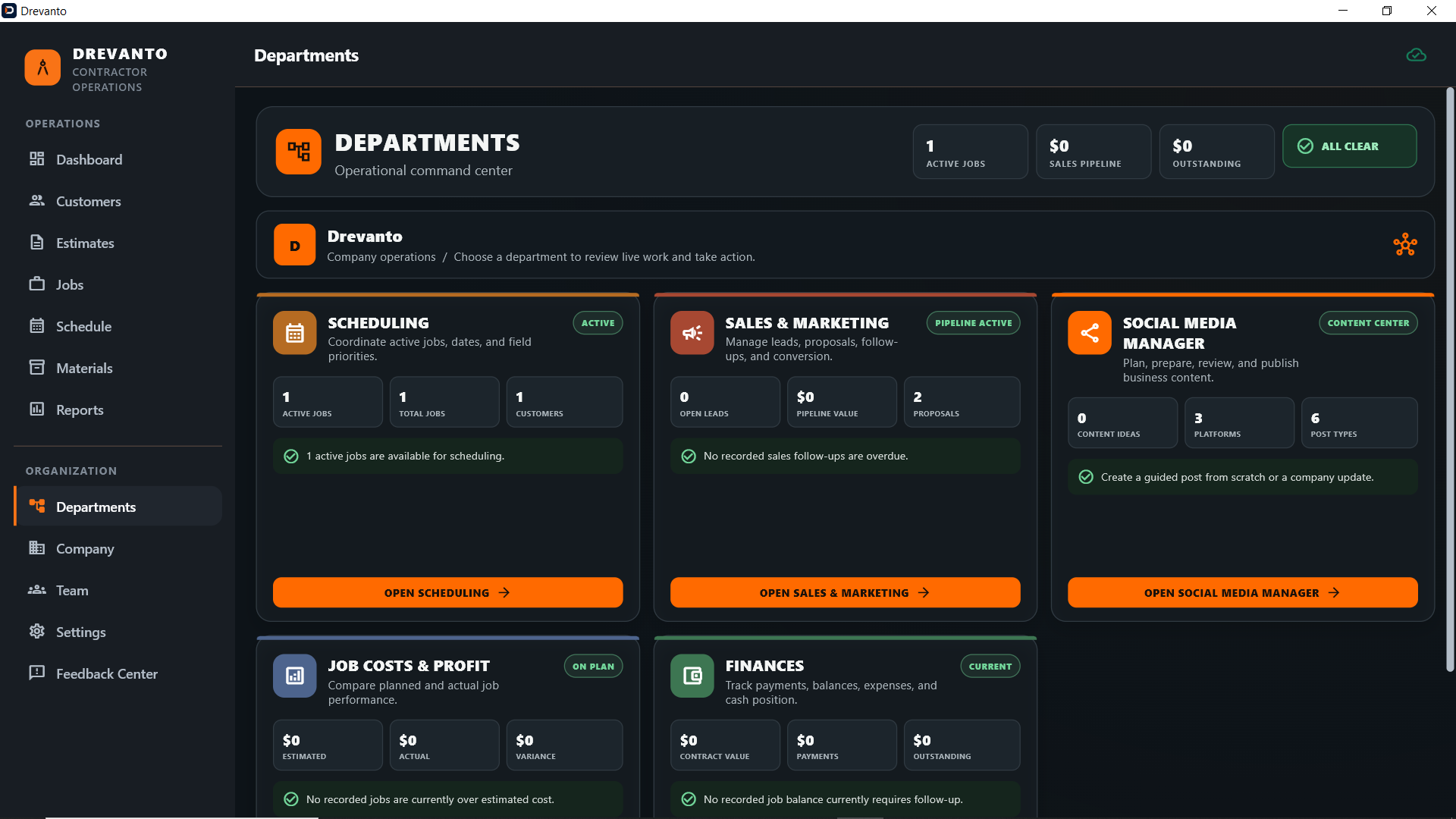 Drevanto departments dashboard with cards for scheduling, sales, social media, costs, and finances showing active job counts and pipeline value