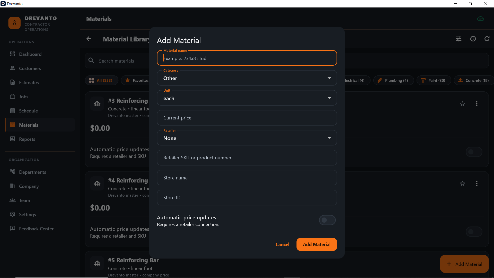 Drevanto material library with an Add Material dialog showing name, unit, price, SKU, and retailer fields
