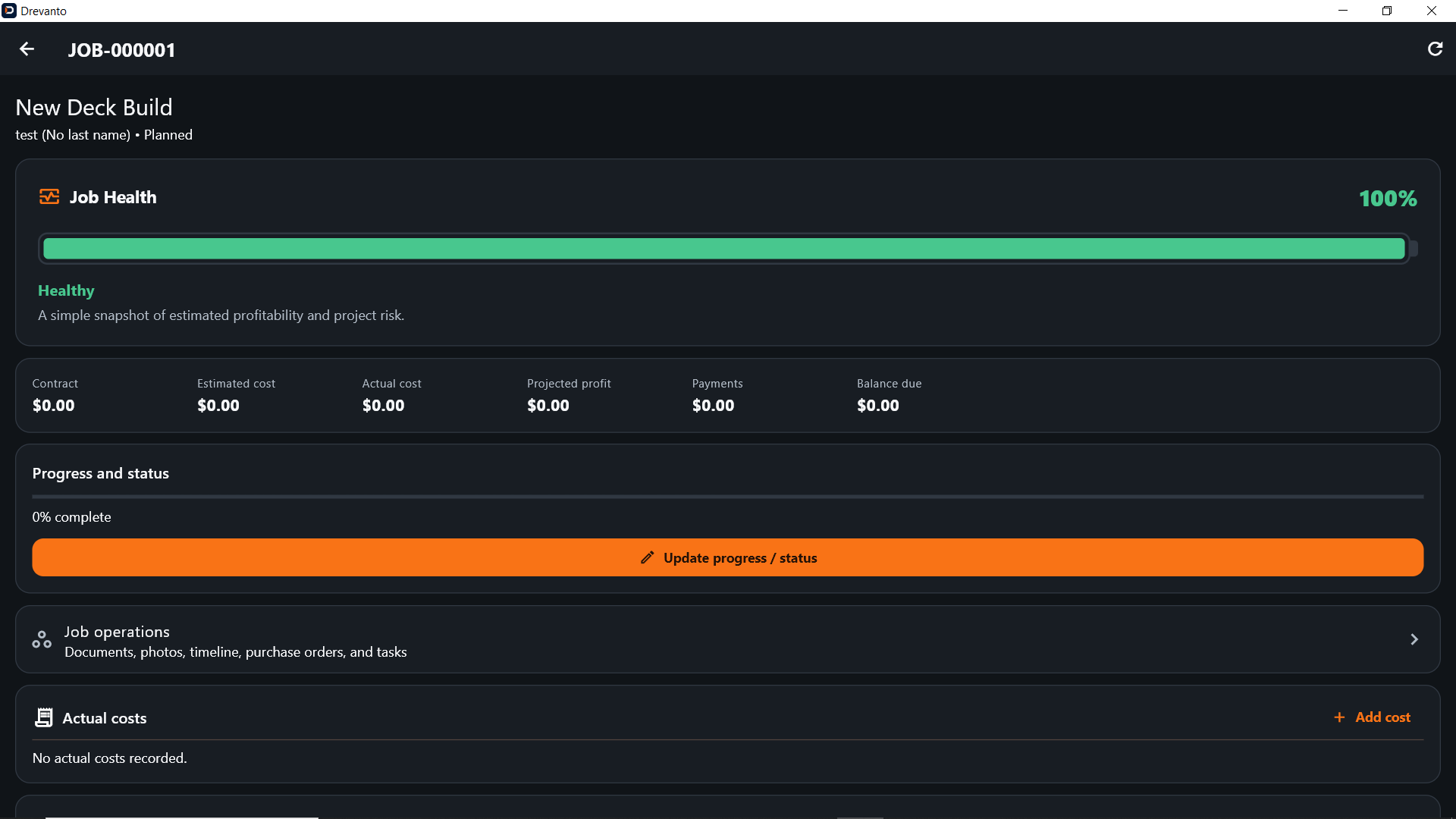 Drevanto job record showing job health, cost summary, progress, and logged actual costs for an active job